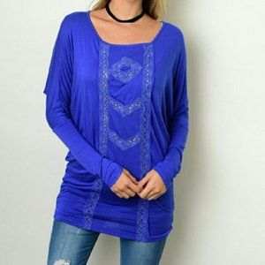 NWOT Leshop Royal blue top Embroidery detailing top size S (151)